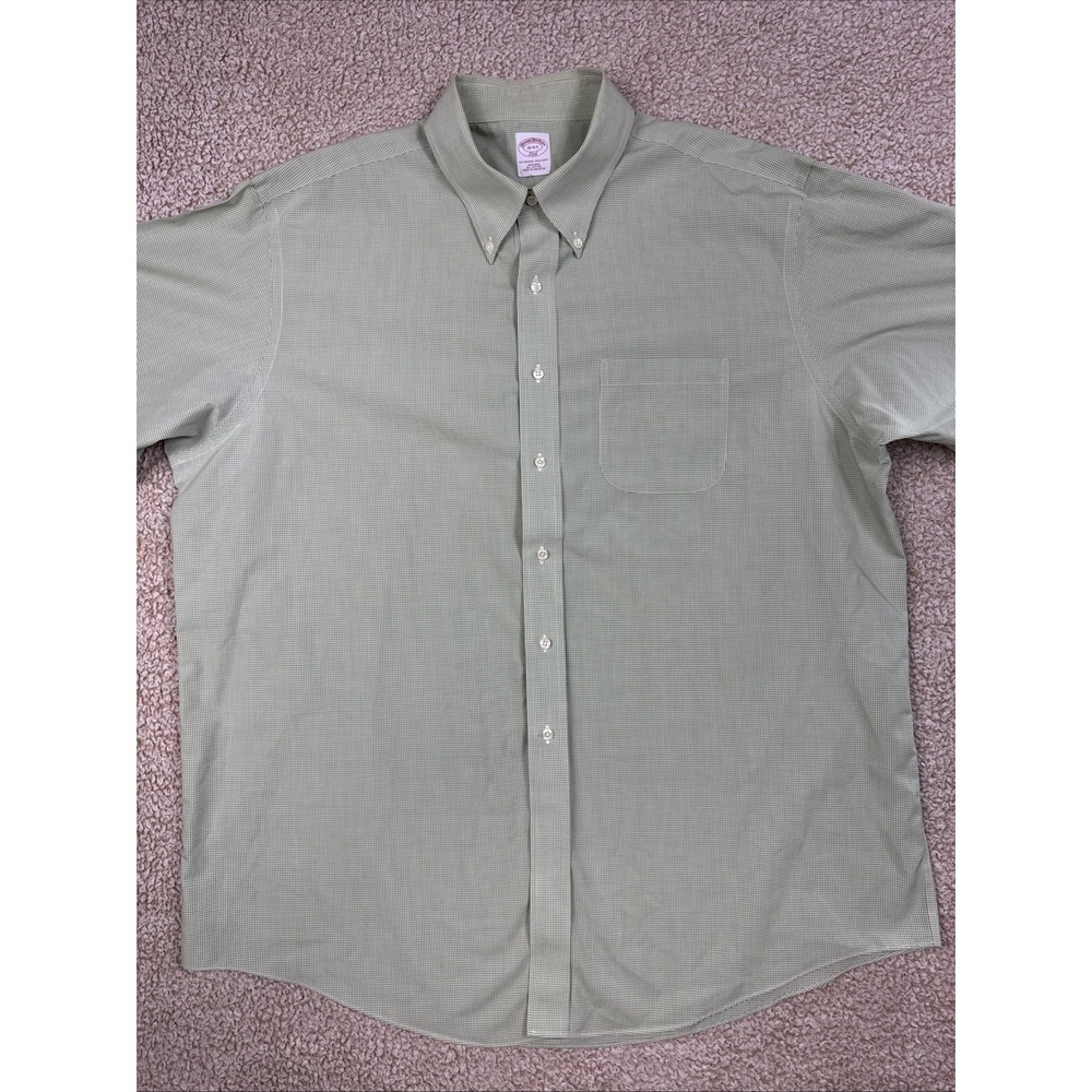 Brooks Brothers 346 Shirt Mens 18-4/5 Green Micro Check Non Iron Cotton Button